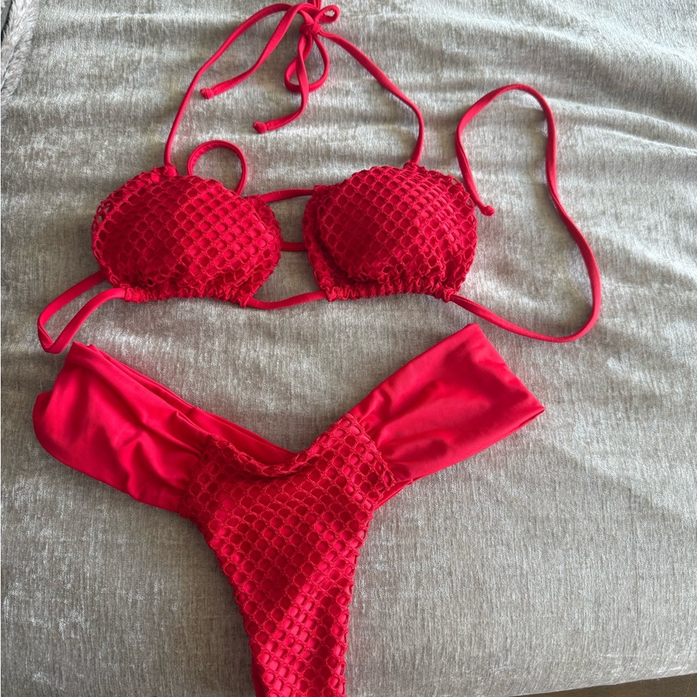 Red Textured Bikini Set